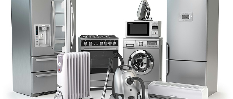 千库网_家电。一套家用厨房工艺在白色背景下隔离。冰箱、煤气灶、微波炉、洗衣机真空吸尘器空气 conditioneer 和熨斗。3d 插图_摄影图编号20256112